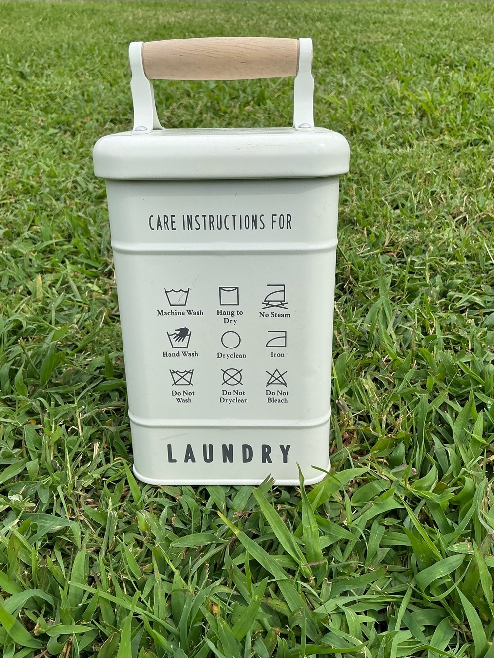 White Laundry Canister with Wood Handle